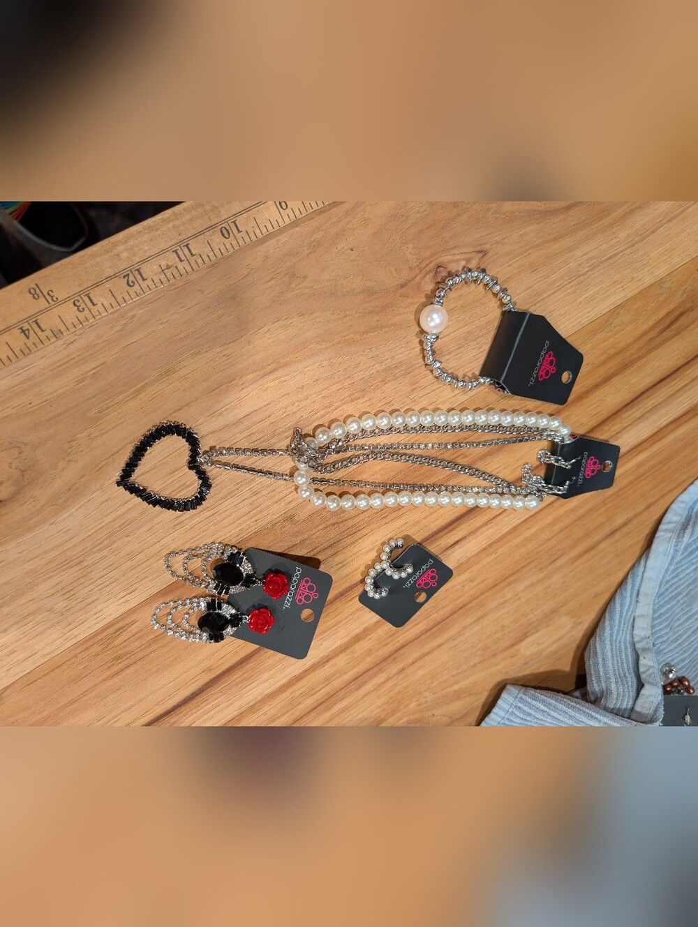Silvertone And Pearl Jewelry Set With Black Crystal And Rose Accents